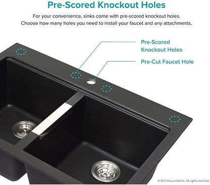 KRAUS Quarza 33-inch Drop-In/Undermount 50/50 Double Bowl Granite Kitchen Sink in Black Onyx, KGD-433B
