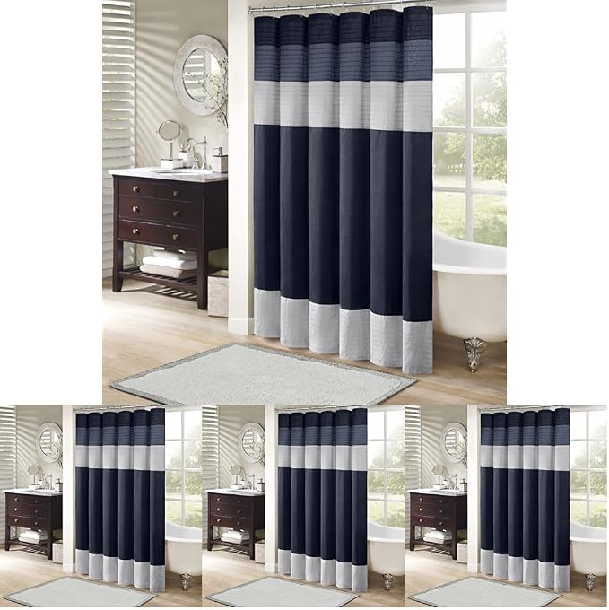 Madison Park Amherst Bathroom Shower Curtain Faux Silk Pieced Striped Modern Microfiber Bath Curtains, 72" W x 72" L, Navy (Pack of 4)