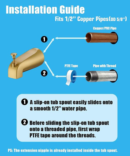 Tub Spout with Diverter, Slip On Bathtub Spout Fits 1/2'' Copper Tube(5/8'' Dia), Bathroom Tub Faucet with PTFE Tape & Hex Wrench, Brushed Gold
