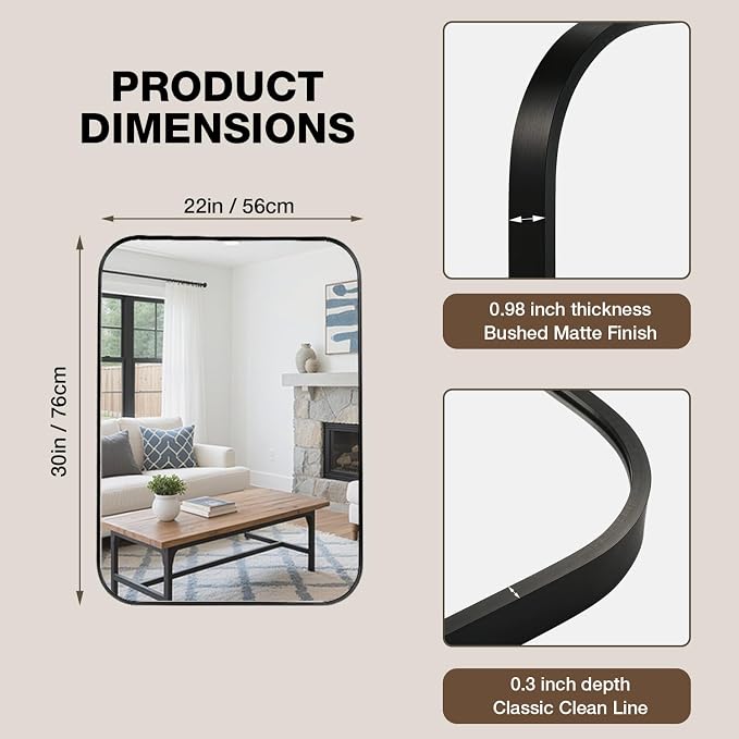 22"x30" Matte Black Rectangle Vanity Bathroom Mirror, Set of 2 | Aluminum Alloy Frame, Clear Reflection, Rust-Resistant, Vertical or Horizontal, Wall Mount, Bedroom and Entryway