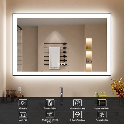 48x32 Inch LED Bathroom Mirror with Black Frame | Black Metal Frame, Front and Backlit, 3 Colors, Dimmable, Memory, Anti Fog, Tempered Glass, Lighted Mirror for Wall
