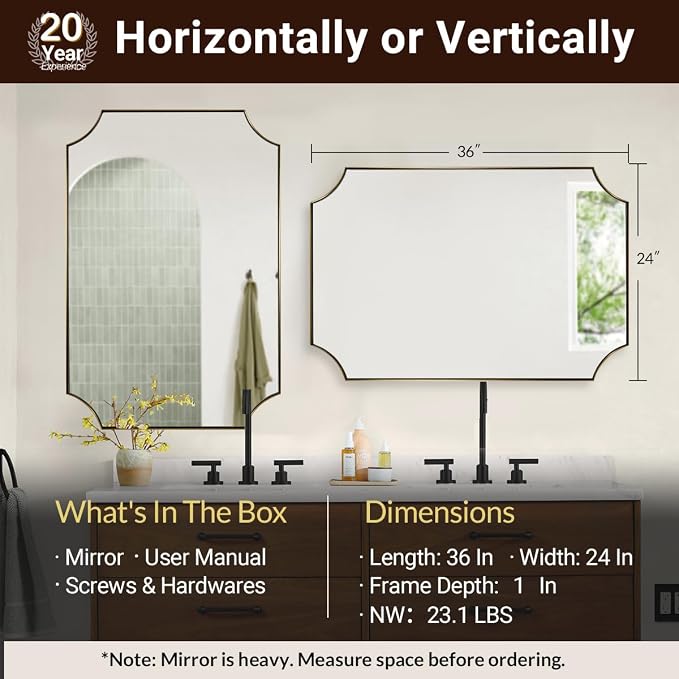 Brushed Gold Rectangle Mirror, 24x36 Inch Scalloped Bathroom Mirror, Unique Rectangular Mirror with Scalloped Design, Anti-Rust Stainless Steel Frame Deep 1"