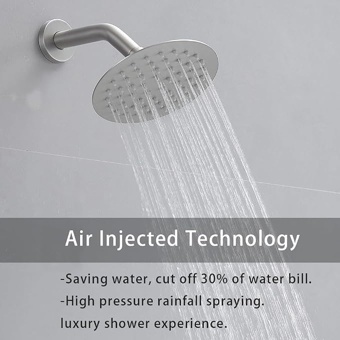 Shower Faucet Set Brushed Nickel 12 Inch Round Ceiling Mount Rainfall Shower System with 2 Rain Shower Head and Handheld Head Push Button Diverter Shower Trim Kit and Rough-in Valve Body