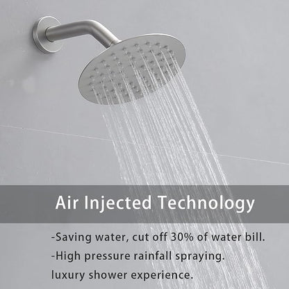 Shower Faucet Set Brushed Nickel 12 Inch Round Ceiling Mount Rainfall Shower System with 2 Rain Shower Head and Handheld Head Push Button Diverter Shower Trim Kit and Rough-in Valve Body