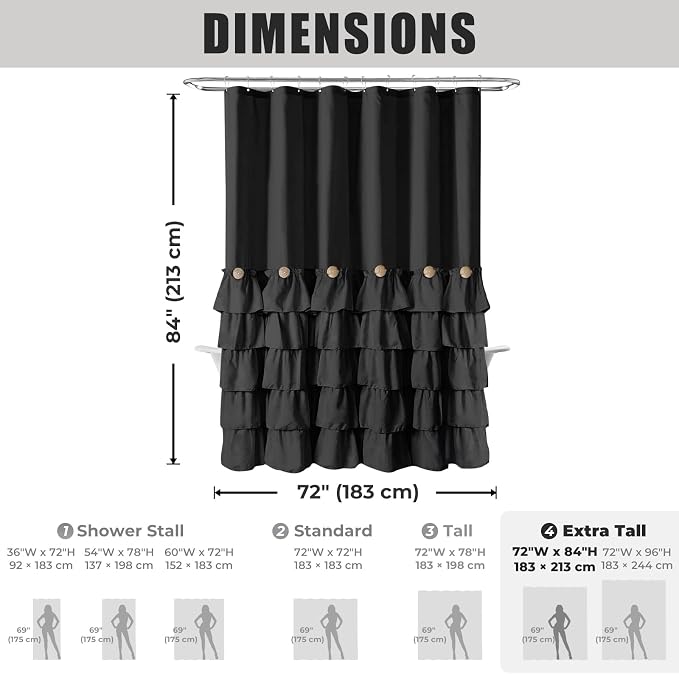 Seasonwood Black Ruffle Shower Curtain Farmhouse Shower Curtain 72 X 84 | Natural button accents, layered fabric tiers, shabby chic and French country styling for decorative bathroom updates