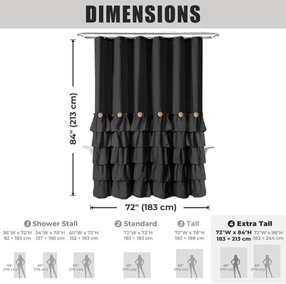 Seasonwood Black Ruffle Shower Curtain Farmhouse Shower Curtain 72 X 84 | Natural button accents, layered fabric tiers, shabby chic and French country styling for decorative bathroom updates