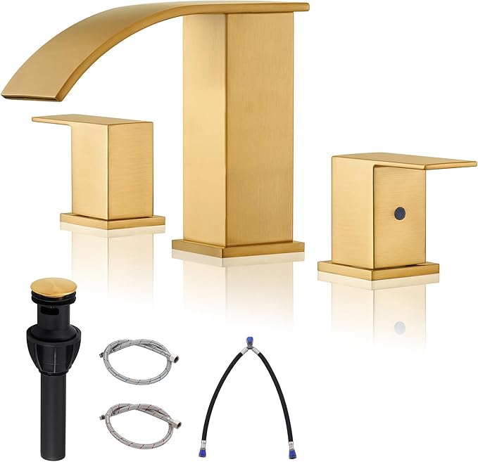 Gold Waterfall Bathroom Faucet 3 Holes - 8Inch Widespread Bathroom Sink Faucet | Two Handles Lavatory Vanity Sink Faucets with Pop-up Drain Assembly & Supply Lines Brushed Gold