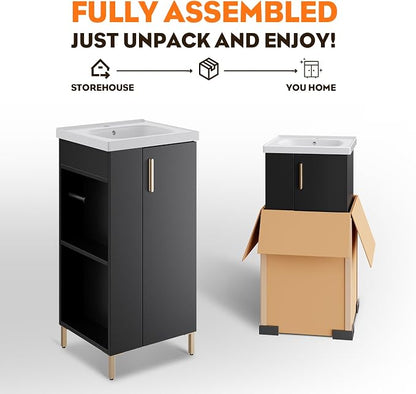 Pre-Assembled 16 Inch Black Small Bathroom Vanity, Freestanding Bathroom Cabinet with Ceramic Sink, Soft-Close Door, Left Side Storage, No Faucet, BV05-16-PUREBLACK-PLUS