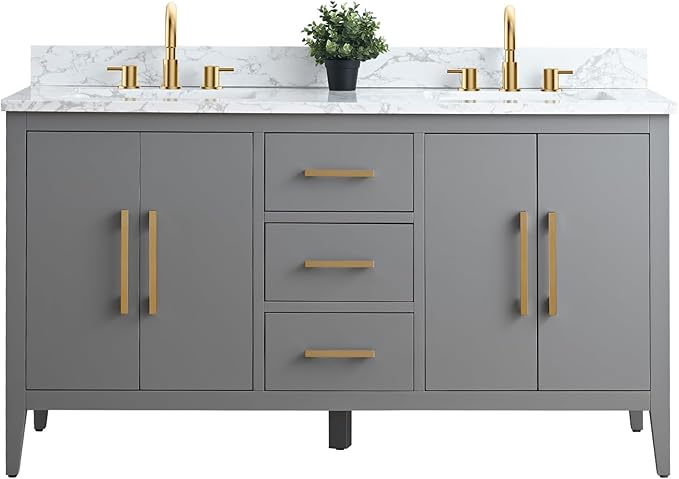 Vanity Art 60 inch Bathroom Vanity with Double Sink & Ceramic Top, Vanity Cabinet with Soft-Closing Doors, Drawers, Solid Wood Frame, Cashmere Gray,VA9060-DG-GB1