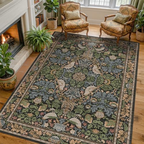 Hazo Haus Washable Living Room Rug 6x9 - Dark Floral Nature Rugs for Bedroom, Dining Room Kitchen Table Rug for Under Table, Office, Stain Resistant Non-Slip Large - Brown/Dark Green