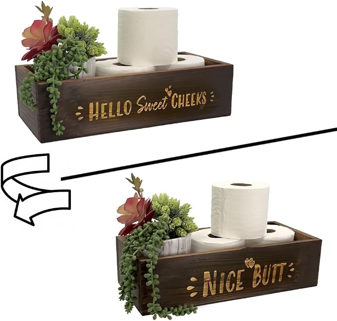 Admired by Nature Hello Sweet Cheeks Solid Wood Toilet Paper Holder, Farmhouse Décor, Toilet Paper Storage, Bathroom Accessories, Bathroom Décor, for Home Décor Bathroom Organizer (Brown)
