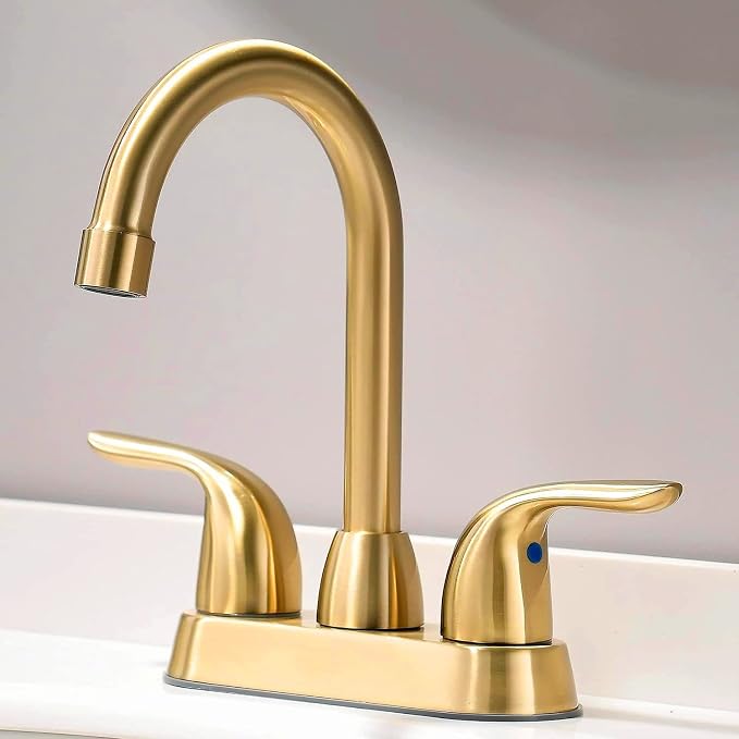 Bathroom Sink Faucet with Pop-up Drain Assembly, Brushed Gold Vanity Faucet 2-Handle for 4 Inch Sink，Modern Centerset Bathroom Faucet with Supply Hose Lead-Free