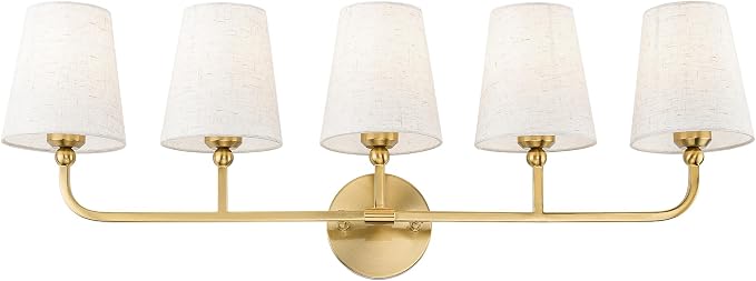 5-Light Brushed Gold Bathroom Vanity Light with Linen Fabric Shade | 35 Inch gold bathroom light fixture over mirror, UL listed, E26 bulbs, hardwired, upward only, VL837-BG-A-5