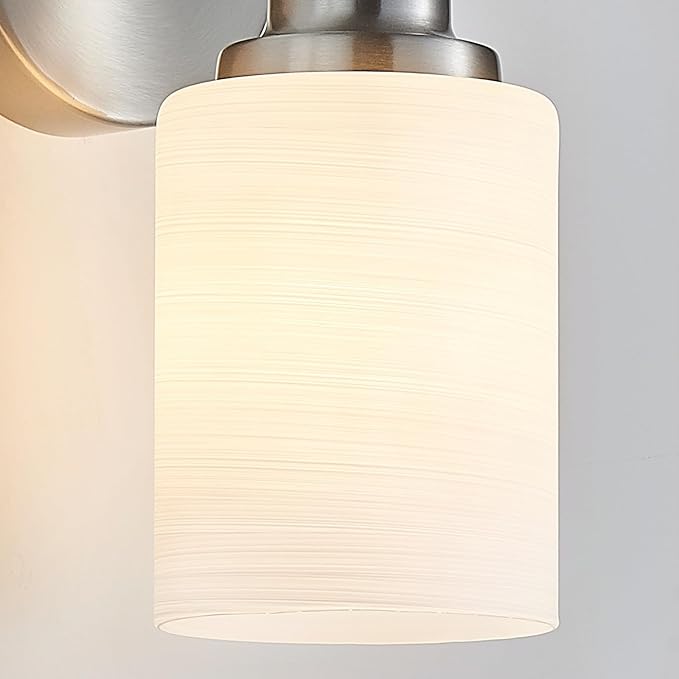 2-Light Vanity Lights, Brushed Nickel Bathroom Light Fixture with Striped Textured Milky White Glass Shade, E26 Modern Vanity Lighting Fixture for Bathroom Wall Sconce Light Over Mirror