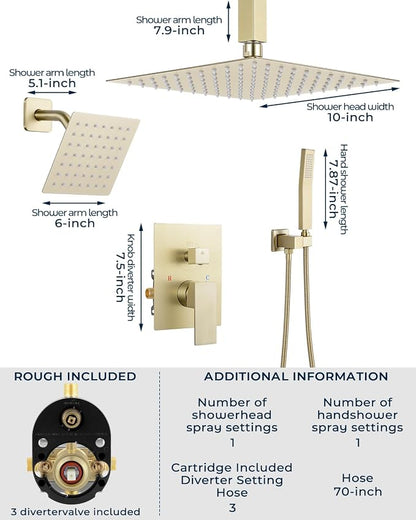 Rain Shower Faucet Set, 10" Top + 6" Side Head, Brushed Gold | 3-head set w/ valve, SUS304 anti-freeze, 6 spray modes, self-clean nozzles