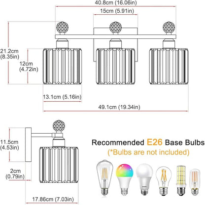 Black and Gold Bathroom Vanity Light, 3-Lights Crystal Vanity Lights for Bath, Modern Bathroom Light Fixture Over Mirror, Wall Mount Lights with Clear Crystal Glass for Bedroom Living Room