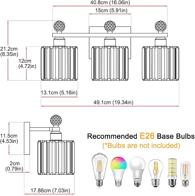 Lxybcce Black and Gold Bathroom Vanity Light, 3-Lights Crystal Vanity Lights for Bath, Modern Bathroom Light Fixture Over Mirror, Wall Mount Lights with Clear Crystal Glass for Bedroom Living Room