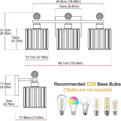 Lxybcce Black and Gold Bathroom Vanity Light, 3-Lights Crystal Vanity Lights for Bath, Modern Bathroom Light Fixture Over Mirror, Wall Mount Lights with Clear Crystal Glass for Bedroom Living Room
