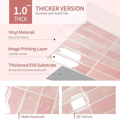 Peel and Stick Backsplash 3D Wall Tiles,Self-Adhesive,Oil Proof,Waterproof, Removable Wall Panels for Kitchen & Bathroom,Modern Design, Easy Install (10.7ft，12x9 inch,14 Pack) (Pink)