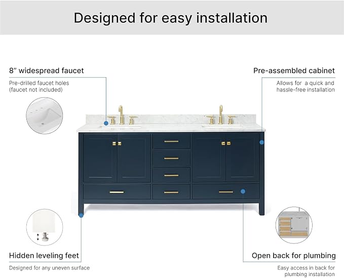 ARIEL Cambridge 72-inch Bathroom Vanity with Sink,Solid Wood, 0.75-inch Italian Carrara Marble Countertop, Double Rectangular Porcelain Sink, 4 Soft Closing Doors, 6 Dovetail Drawers, Midnight Blue
