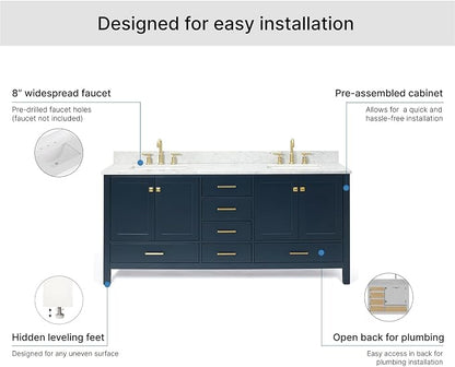 ARIEL Cambridge 72-inch Bathroom Vanity with Sink,Solid Wood, 0.75-inch Italian Carrara Marble Countertop, Double Rectangular Porcelain Sink, 4 Soft Closing Doors, 6 Dovetail Drawers, Midnight Blue