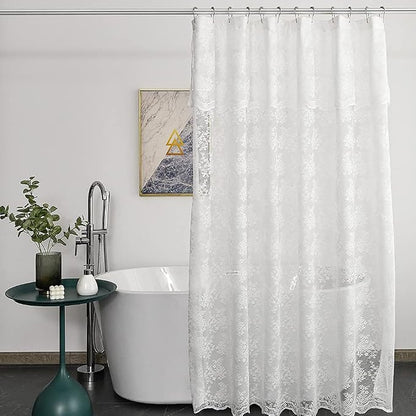 White Lace Shower Curtain 72x72, Vintage with Attached Valance, 1 Panel | Sheer White Shower Curtain with Floral Lace and Scalloped Trim Filters Soft Light for an Elegant Romantic Victorian Bathroom