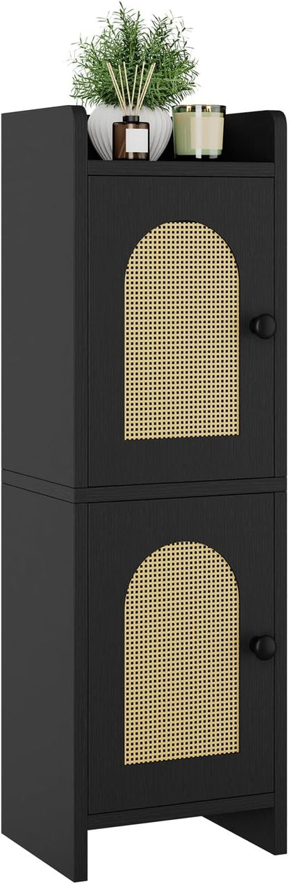 IBUYKE Small Bathroom Storage Cabinet with Rattan Door, Narrow Toilet Paper Storage Holder,Floor Cabinet with Adjustable Shelves, Space-Saving Organizer for Toiletries UWBS001B