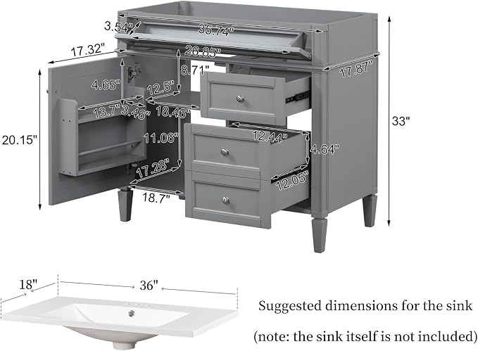 Merax 36'' Bathroom Vanity Without Top Sink, Solid Rubberwood Frame Cabinet | Modern Bathroom Vanity Storage Cabinet with 2 Drawers, Tip-out Drawer, Adjustable Shelf, Soft Closing Doors, Grey