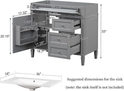 Merax 36'' Bathroom Vanity Without Top Sink, Solid Rubberwood Frame Cabinet | Modern Bathroom Vanity Storage Cabinet with 2 Drawers, Tip-out Drawer, Adjustable Shelf, Soft Closing Doors, Grey