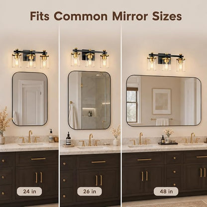 Bathroom Light Fixture, Bathroom Vanity Light Over Mirror, 3-Lights | Vanity Lights for Bathroom, Modern Lighting Fixtures with Clear Glass Shade, Black and Gold Vanity Lights, ETL Listed