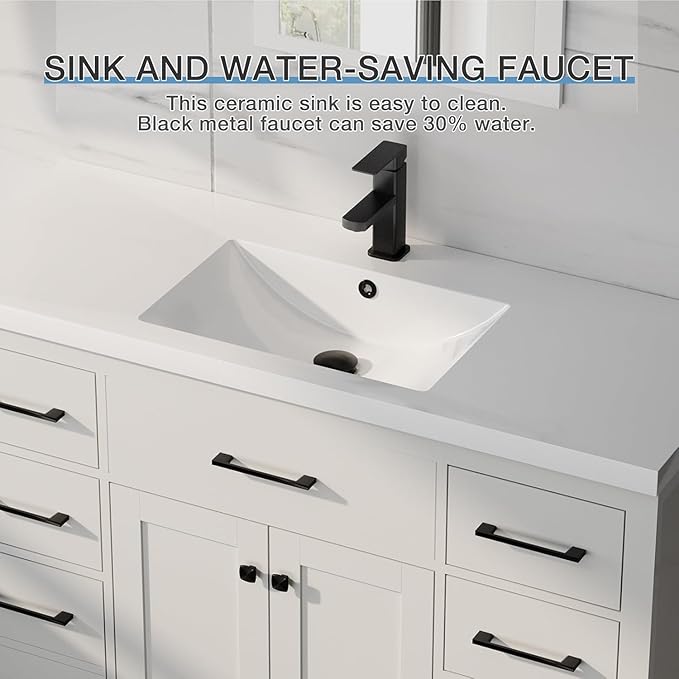 LUCKWIND 48" Modern Bathroom Vanity with Sink Combo, Contemporary Painted Storage Cabinet and Single White Sink, Include Soft-Closing Doors & Matte Black Faucet, White