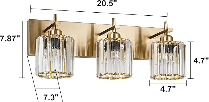 Modern Crystal Bathroom Vanity Lights, Gold 3-Lights Bathroom Light Fixtures Over Mirror, Crystal Wall Lighting with Polished Brass Finish