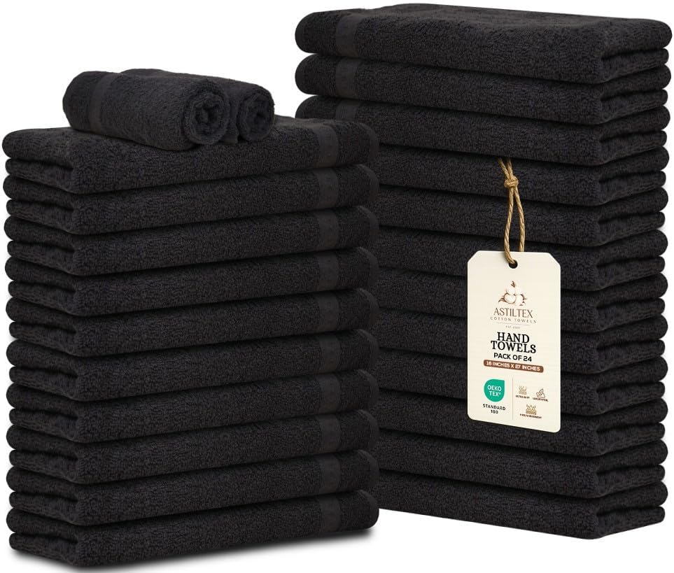 Premium 100% Cotton Hand Towels – Pack of 24, 16x27 Inch – Quick-Dry, Highly Absorbent Salon Towels for Hair Care, Gym, Spa & Bathroom – Black