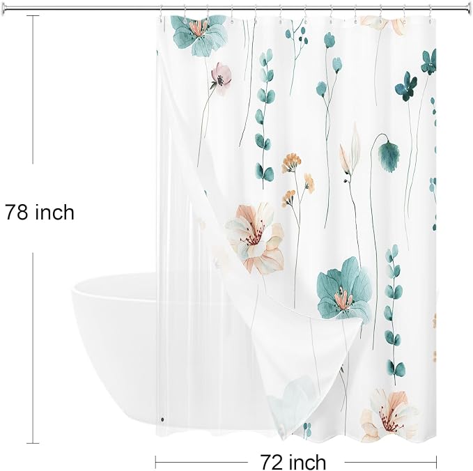 Long 3 in 1 Shower Curtain Set, Watercolor Floral Bath Curtain and PEVA Liner Set with 12 Double Sided Steel Hooks, Modern Waterproof Fabric Bathroom Curtain 72x78, Teal