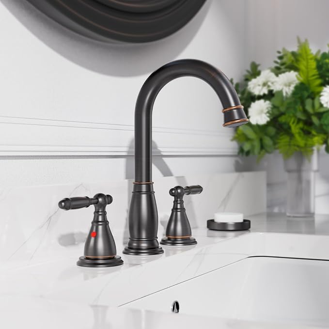 2-Handle 8 Inch 3 Hole Oil Rubbed Bronze Widespread Bathroom Faucets, with Valve and Metal Pop-Up Drain, WF017-4-ORB