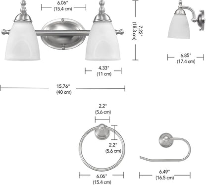 Globe Electric 63000104 3-Piece Bath Accessories, Satin Nickel Finish, 15" 2-Light Vanity Light, Alabaster Glass Shades, Toilet Paper Holder, Towel Ring, Bathroom Décor, Home Essentials