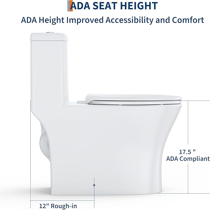 One Piece Toilet with ADA Height, Ceramic Design, Soft Closing PP Toilet Cover, Easy Clean Surface, Water Efficient Flush, Compact Durable Build