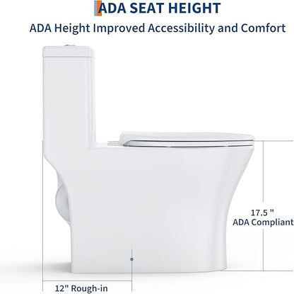 One Piece Toilet with ADA Height, Ceramic Design, Soft Closing PP Toilet Cover, Easy Clean Surface, Water Efficient Flush, Compact Durable Build