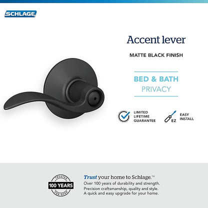 Schlage F40 ACC 622 Accent Door Lever, Bed & Bath Privacy Lock, Matte Black