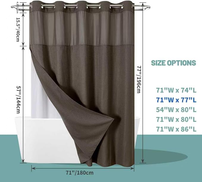 eachope No Hook Waffle Shower Curtain with Snap-in Liner, 71x77 Inch, Brown | 230 GSM waffle weave fabric, waterproof liner set with 2 bottom magnets, mesh top window, washable, for bathroom or hotel use