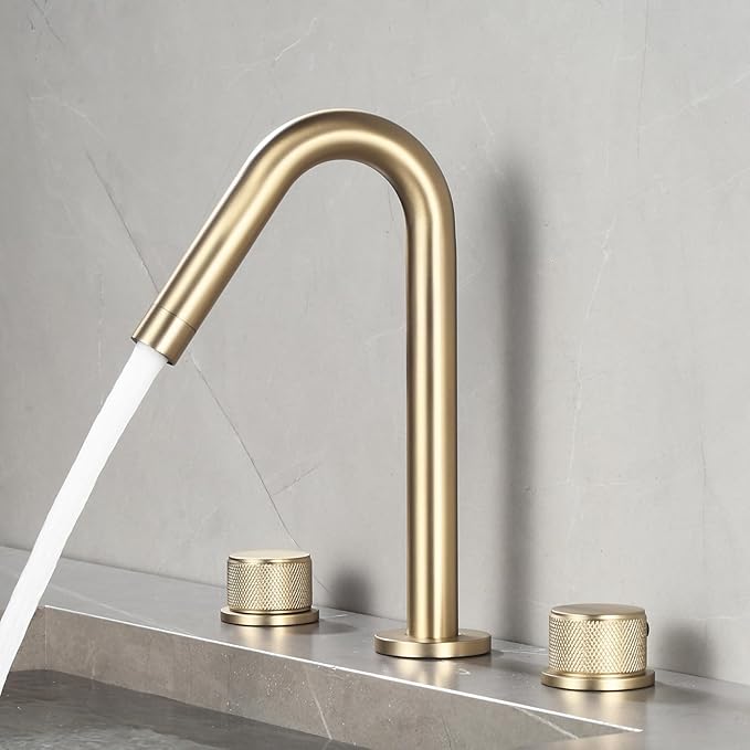 3 Hole Basin Mixer Faucet Brass Swivel Hot and Cold Water Double Handle 3 Hole Bathroom Faucets-Brushed Gold