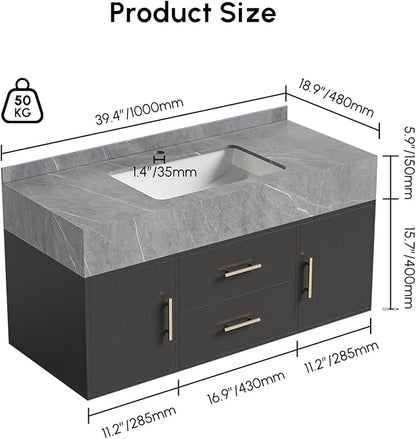 39.3" Floating Bathroom Vanity with Undermount Sink – Black Walnut & Gold, Sintered Stone Countertop, Soft-Close Drawers, Space-Saving Wall-Mount Design Ideal for Modern Bathrooms