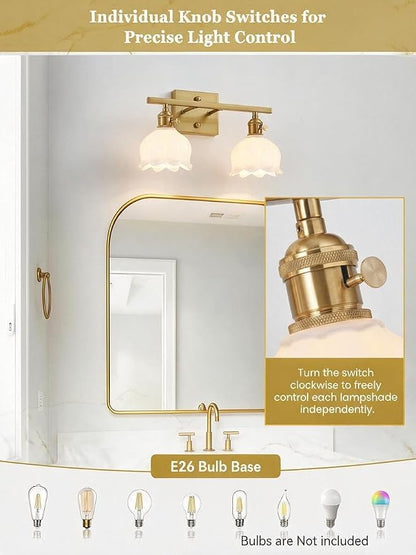 3-Light Vintage Bathroom Vanity Light, 19.4" Brass Hardwired Wall Sconce with Amber Tulip Glass Shades, Brushed Gold Vanity Light for Mirror, Restroom, Bedroom (White, 2-Light)