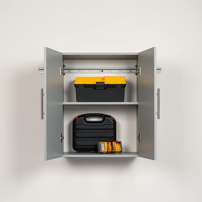 Prepac HangUps 24'' Upper Cabinet, Wall Hanging Storage Cupboard for Garage, Bathroom, Kitchen, Laundry Room Organization, Light Gray with Satin Nickel Handles