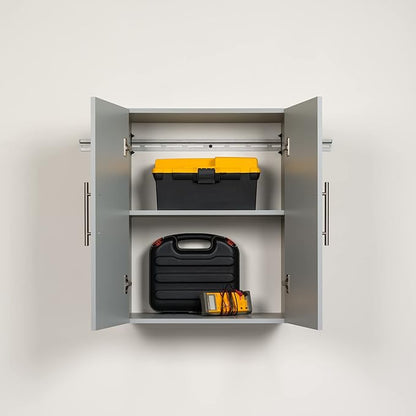 Prepac HangUps 24'' Upper Cabinet, Wall Hanging Storage Cupboard for Garage, Bathroom, Kitchen, Laundry Room Organization, Light Gray with Satin Nickel Handles