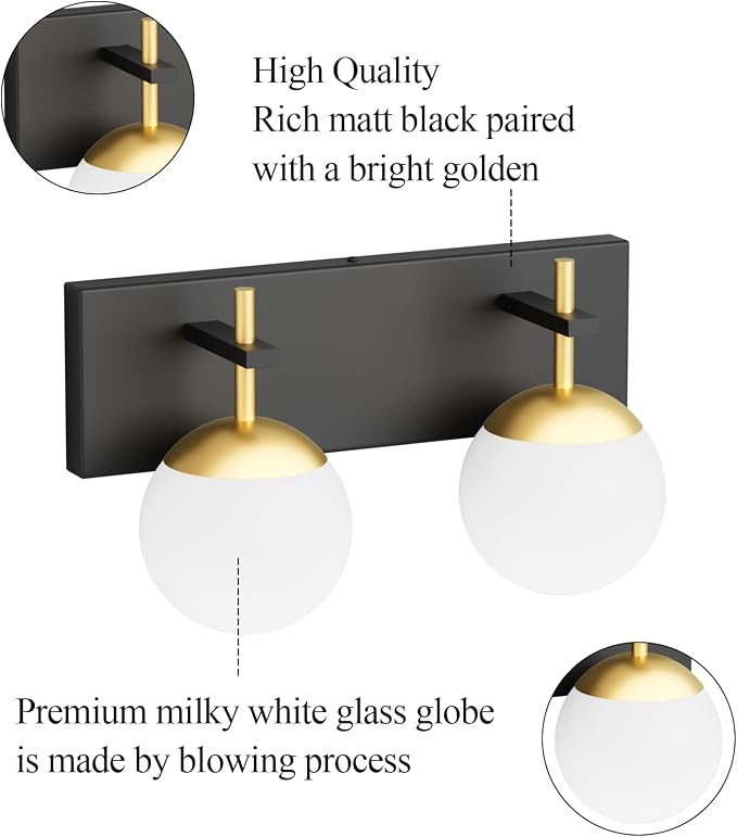 Ralbay 2-Light Black and Gold Vanity Lights Mid Century Modern Bathroom Wall Lighting Milky Glass Globe Black Gold Vanity Light for Bathroom