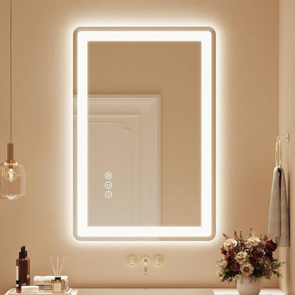 24x36 LED Lighted Bathroom Mirror for Vanity | Front Lights and Backlit, Rounded-Corner Rectangle, 3 Colors, Dimmable, Anti-Fog, Memory, Tempered Glass, UL
