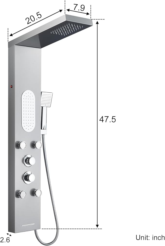 MENATT Luxury Shower Tower System with LED Shower Head, 5 Functions Shower Panel Tower System with 4 pcs Body Massage Jets,Body Waterfall Spray, Handheld Shower and Tub Spout, Brushed Finish
