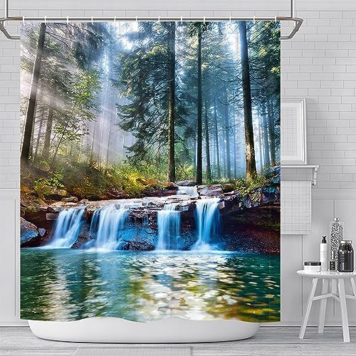 Waterfalls Shower Curtains Outdoor Natural Scenery Forest Sunshine Tree Plant Landscape Courtyard Bathroom Decor Polyester Fabric Curtain Set 86 x 70 Inch with Hooks