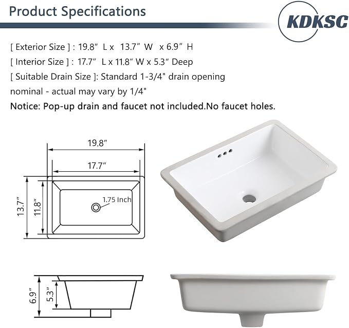 20 Inch Undermount Bathroom Sink Rectangular White,Flat Overflow Type | Ceramic Under Counter Bathroom Sinks Three-hole design (19.8"x 13.7")